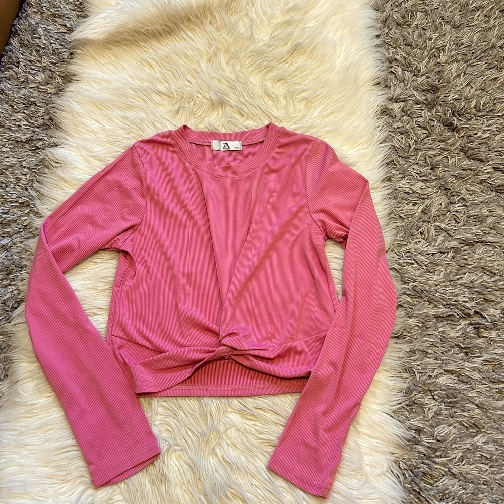 Pink Ribbed Tie-Front Top